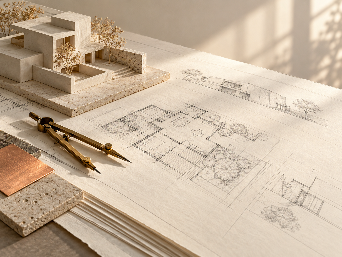 Illustrative architectural model, drawings and drafting tools
