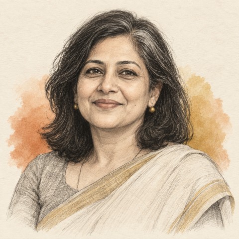 Illustrative pencil sketch of fictional demo profile Meera
